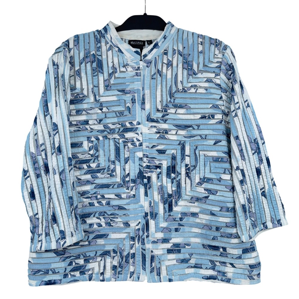 Multiples Zip Up Jacket Women L Cotton Nylon Blue White Geometric Floral